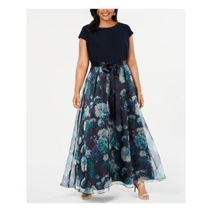 Navy Floral A-Line Maxi Dress with Satin Waist Tie Sz 22